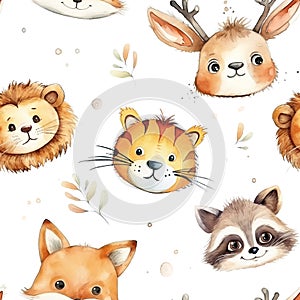 Watercolor seamless pattern with cute cartoon animal heads