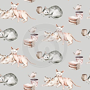 Watercolor Seamless Pattern with cute cartoon cats for Children on the white background. Kids scrapbooking paper and wallwaper