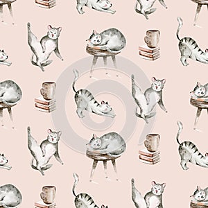 Watercolor Seamless Pattern with cute cartoon cats for Children on the white background. Kids scrapbooking paper and wallwaper