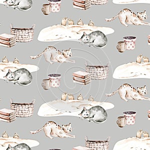 Watercolor Seamless Pattern with cute cartoon cats in scandinavian interior for Children. Cozy home with cats. Kids scrapbooking