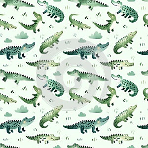 Watercolor seamless pattern with cute cartoon crocodiles