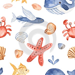 Watercolor seamless pattern with cute cartoon kids underwater creatures.