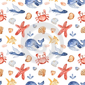 Watercolor seamless pattern with cute cartoon kids underwater creatures.