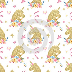 Watercolor seamless pattern with cute cartoon romantic golden unicorn, flowers, diamond, horn.