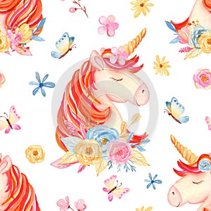 Watercolor seamless pattern with cute cartoon romantic unicorn and flowers.