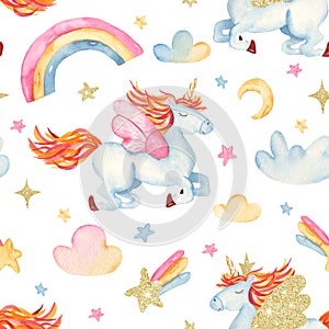 Watercolor seamless pattern with cute cartoon romantic unicorn, rainbow, stars, clouds.