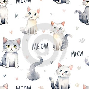 Watercolor seamless pattern with cute cats and \