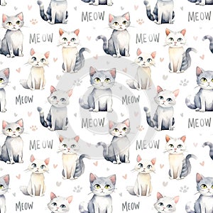 Watercolor seamless pattern with cute cats and \