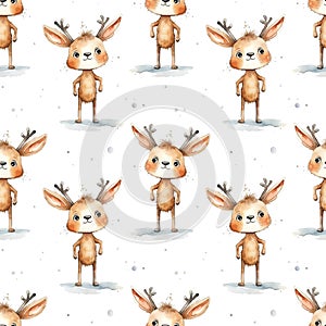 Watercolor seamless pattern with cute childish cartoon deer