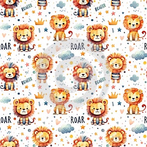 Watercolor seamless pattern with cute colorful cartoon lions isolated on white background