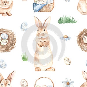 Watercolor seamless pattern with cute easter bunnies  basket of eggs  nest with eggs  grass  flowers on a white background