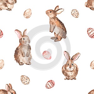 Watercolor seamless pattern with cute easter bunnies, easter eggs. Easter texture