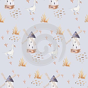 Watercolor seamless pattern with cute farm animals with goat, horse, goose and cow. chicken, sheep and pig domestic