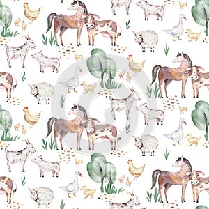 Watercolor seamless pattern with cute farm animals with goat, horse, goose and cow. chicken, sheep and pig domestic