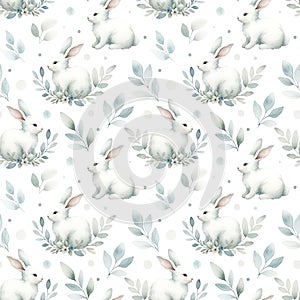 Watercolor seamless pattern with cute fluffy bunnies and delicate foliage in pastel tones isolated on white background