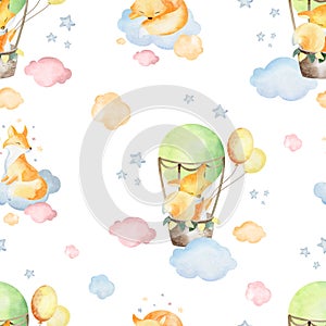 Watercolor seamless pattern. Cute fox cubs, children\'s pattern