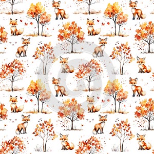 Watercolor seamless pattern with cute foxes in autumn forest