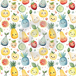 Watercolor seamless pattern with cute fruit characters isolated on white background