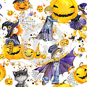 watercolor seamless pattern with cute kids in colorful halloween costumes.