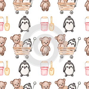 Watercolor seamless pattern with cute kids toys. Bear and penguin repeat paper. Hand drawn children pattern with animals