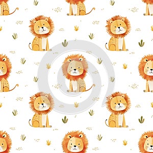 Watercolor seamless pattern with cute lionsand foliage elements isolated on white background