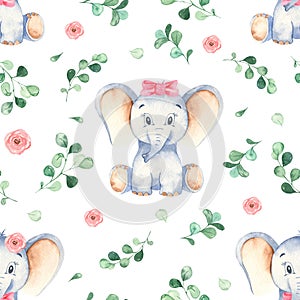 Watercolor seamless pattern with cute little baby girl elephant