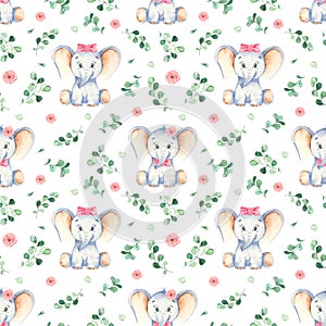 Watercolor seamless pattern with cute little baby girl elephant