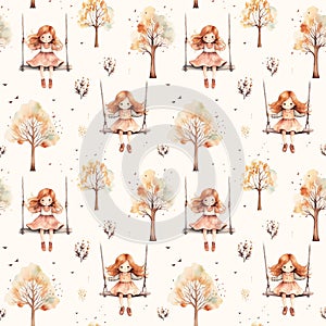 Watercolor seamless pattern with cute little girl on swing and autumn trees