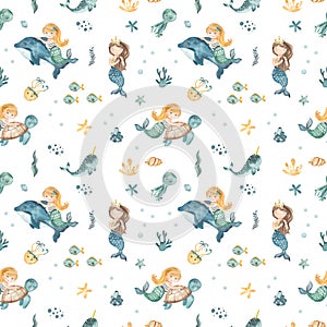 Watercolor seamless pattern with a cute mermaid girl on a dolphin, sea turtle, shell, fish, octopus, starfish, algae, corals,