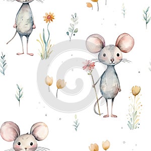Watercolor seamless pattern with cute mouse and flowers isolated on white