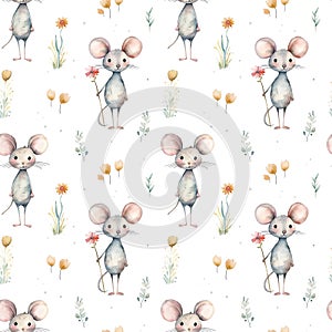 Watercolor seamless pattern with cute mouse and flowers isolated on white
