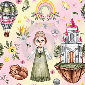 Watercolor seamless pattern with cute princess, air castle, balloon, rainbow