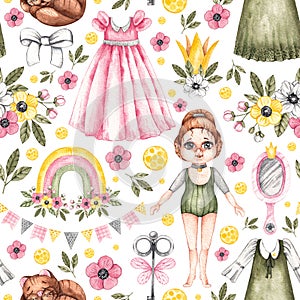 Watercolor seamless pattern with cute princess, dresses, mirror, rainbow