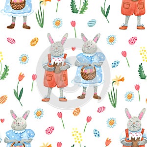 Watercolor seamless pattern with cute rabbits, colorful eggs, Easter cakes and baskets