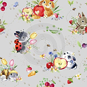 Watercolor seamless pattern with cute rabbits and fruits.