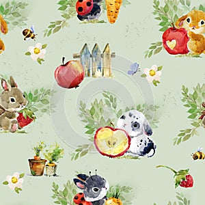 Watercolor seamless pattern with cute rabbits and leaves.