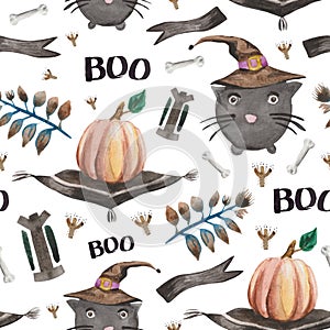 Watercolor seamless pattern with a cute witch cat, pumpkins