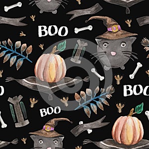 Watercolor seamless pattern with a cute witch cat, pumpkins