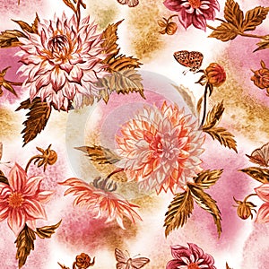 Watercolor seamless pattern of dahlias and butterflies in brown tones