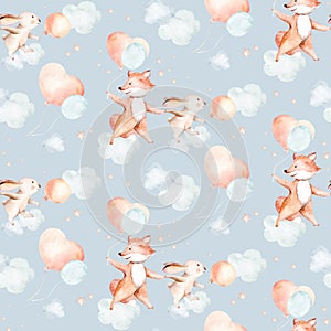 Watercolor seamless pattern dancing bunny and fox forest animals on white background. Childish rabbit animal illustration.