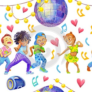 Watercolor seamless pattern with dancing children and holiday party elements