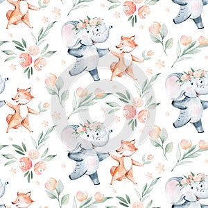 Watercolor seamless pattern with dancing elephant and fox forest animals on white background. Childish animal illustration. Happy