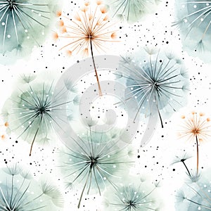 Watercolor seamless pattern of dandelion silhouettes with soft color palette and speckles