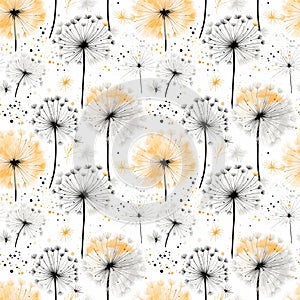 Watercolor seamless pattern with dandelions in black and gold colors on white background