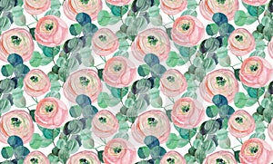 watercolor seamless pattern with delicate roses and eucalyptus branches