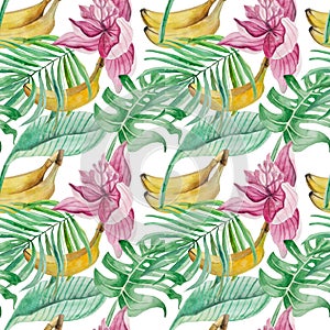 Watercolor seamless pattern of detailed palm leaves, monstera, banana fruit,