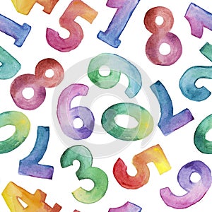 Watercolor seamless pattern of different number from one to nine