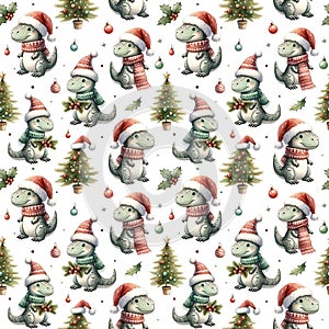 Watercolor seamless pattern with dinosaurs, Christmas trees and holiday decorations isolated on white background