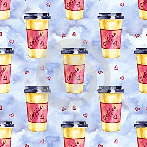 Watercolor seamless pattern with disposables cups of coffee and hearts. Hand painted illustration