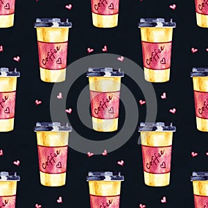 Watercolor seamless pattern with disposables cups of coffee and hearts. Hand painted illustration